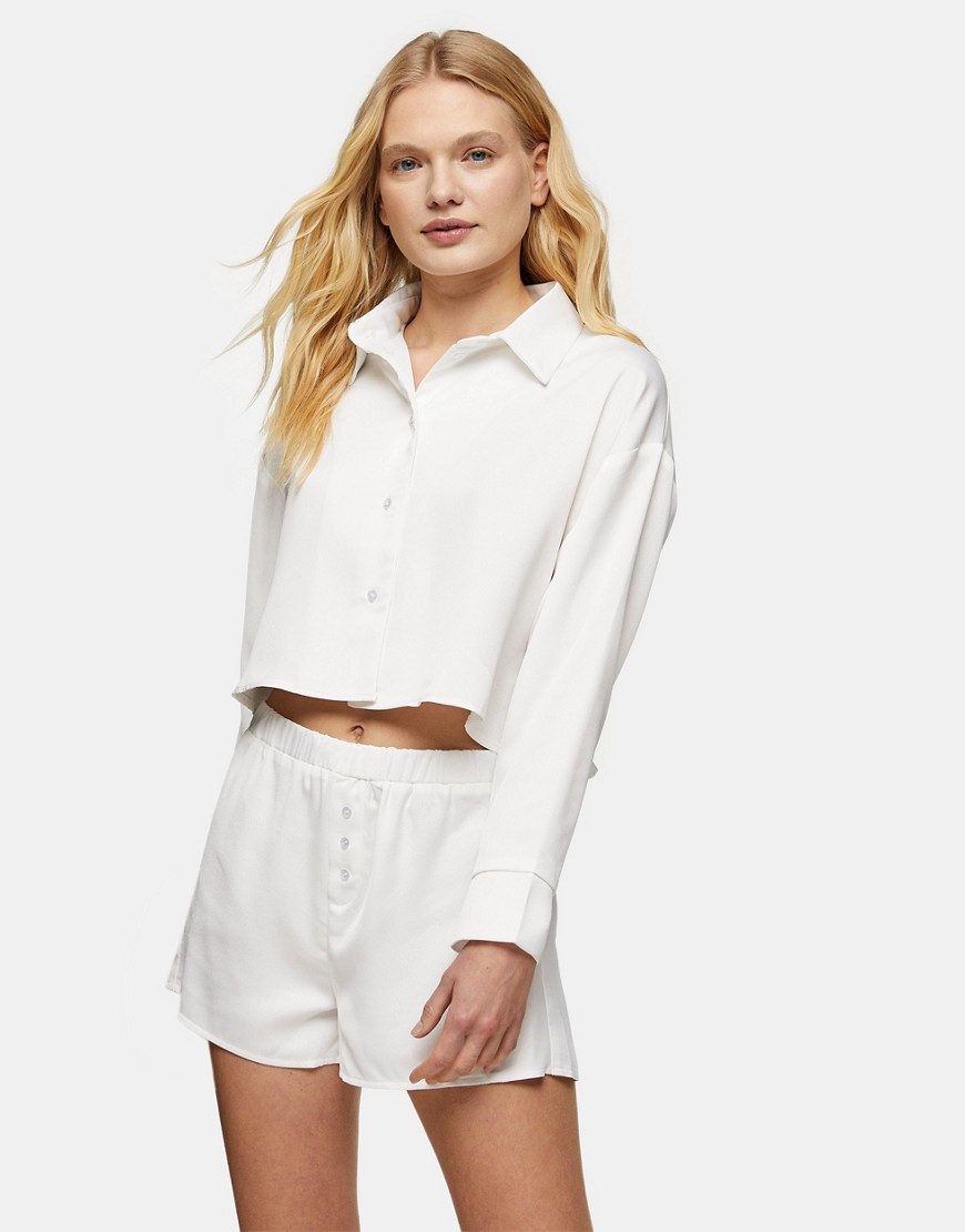Topshop shirt and shorts pajama set in ivory-White