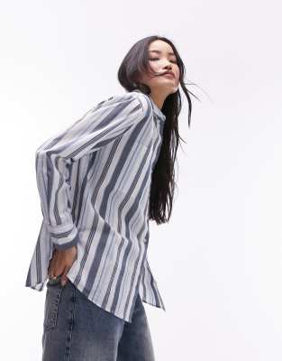 Topshop Shirt In Multi Blue Stripe