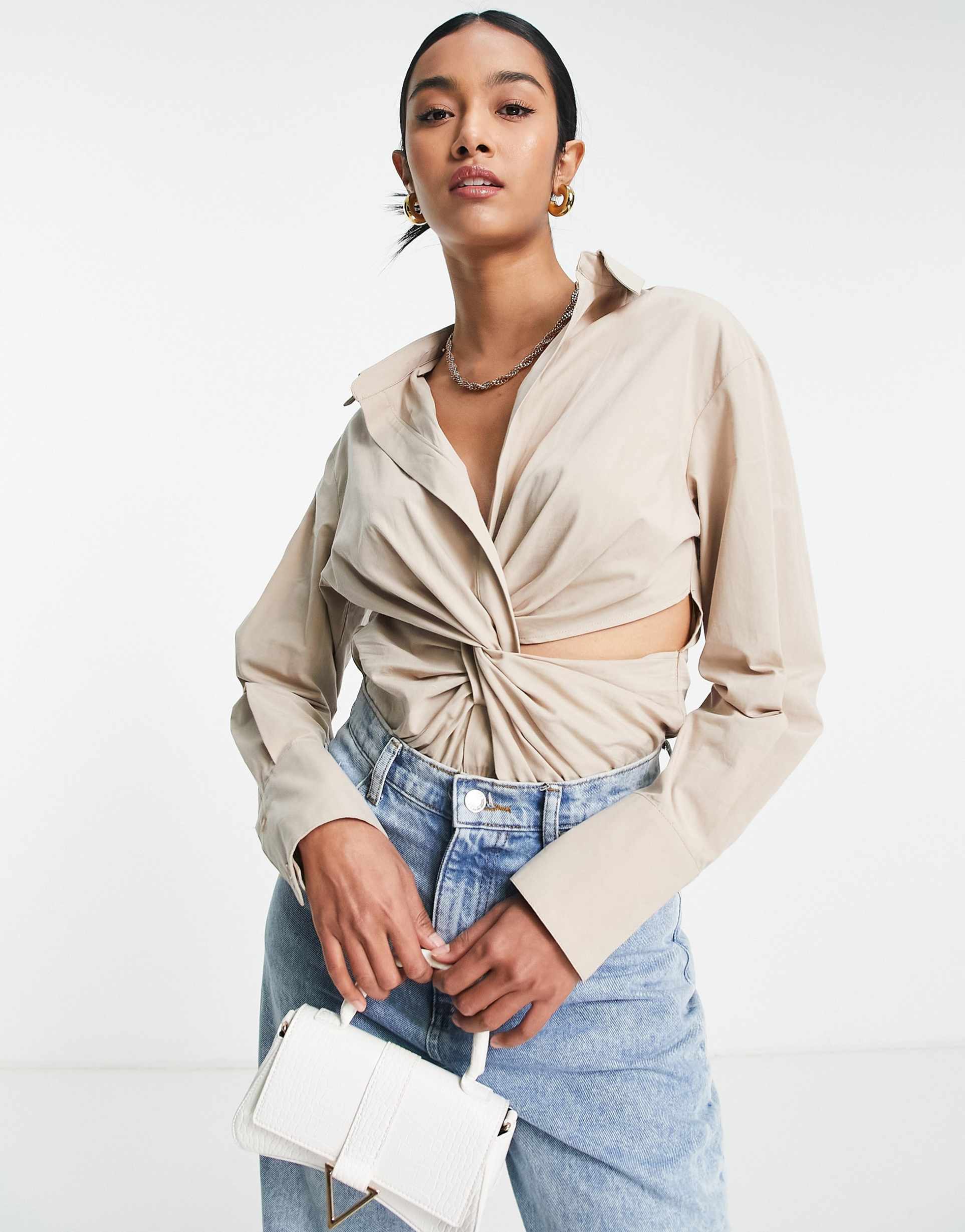 topshop shirt twist front bodysuit in stone