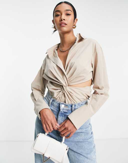 Topshop shirt twist front bodysuit in stone