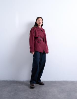 Topshop Short 90s Trench Coat In Burgundy