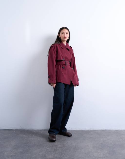 Topshop short 90s trench coat in burgundy, 2 of 4
