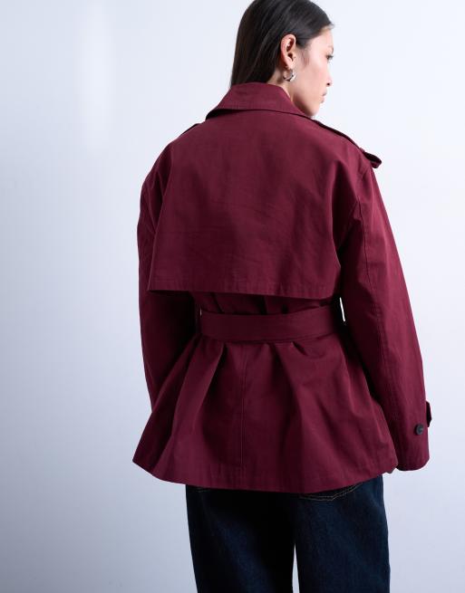 Topshop short 90s trench coat in burgundy, 4 of 4