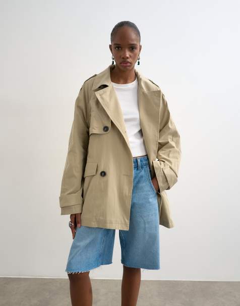 Topshop short belted mac in stone - view 1