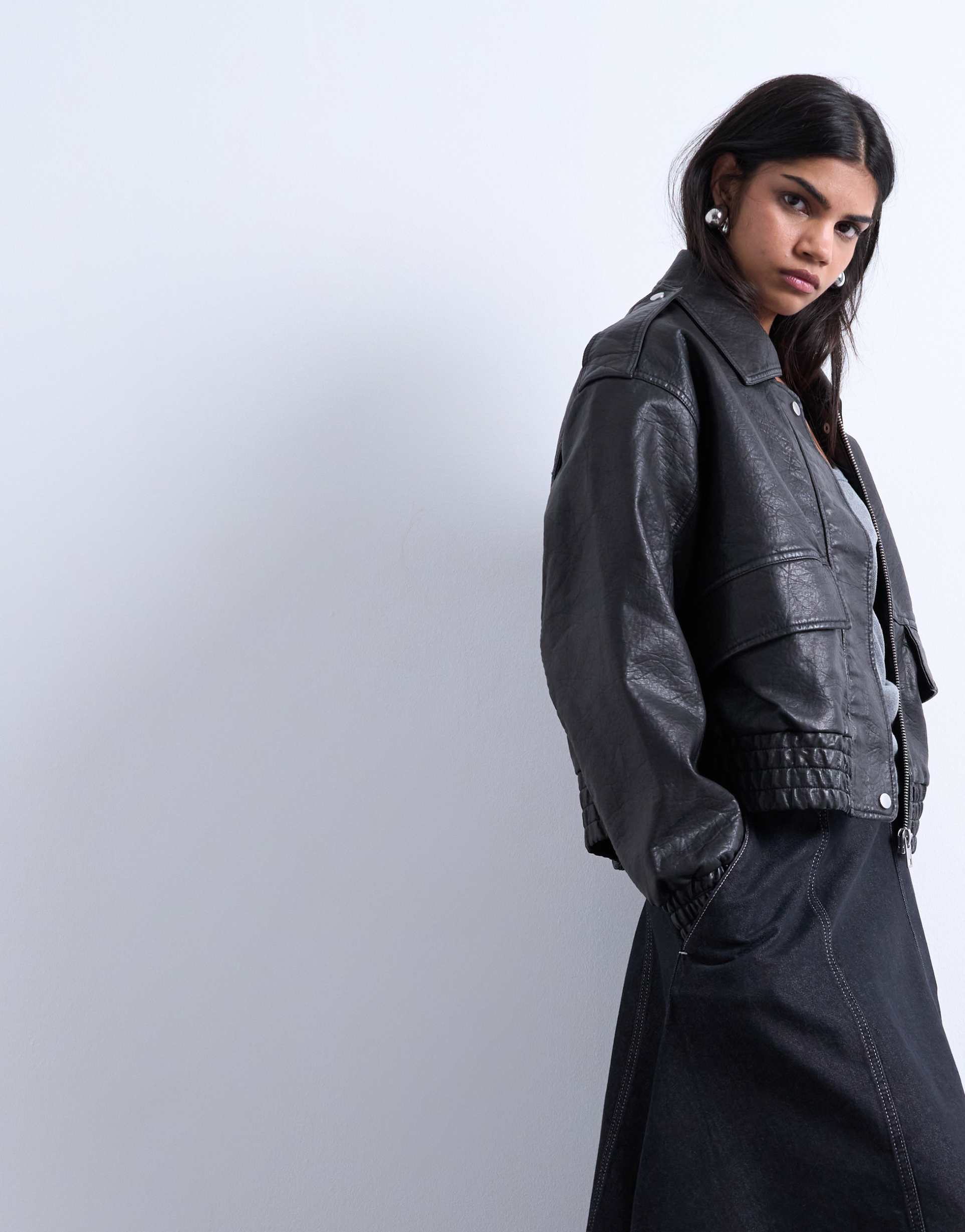 topshop short bubble faux leather bomber jacket in black