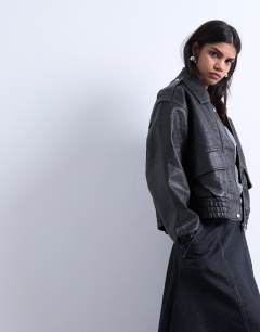 Short bubble faux leather bomber jacket in black