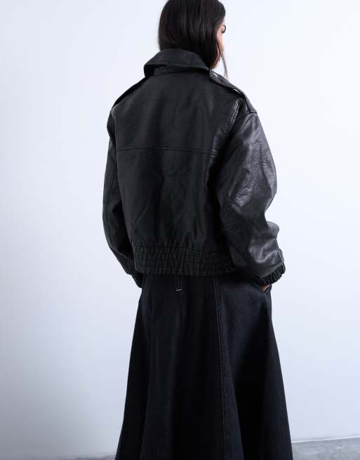 Topshop short bubble faux leather bomber jacket in black