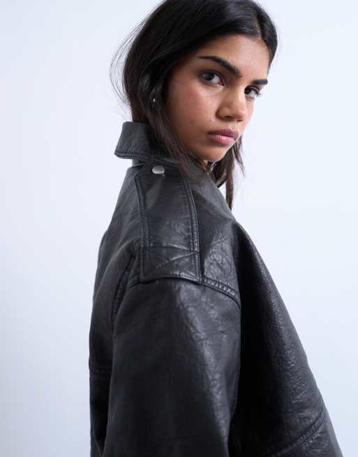 Topshop short bubble faux leather bomber jacket in black | ASOS