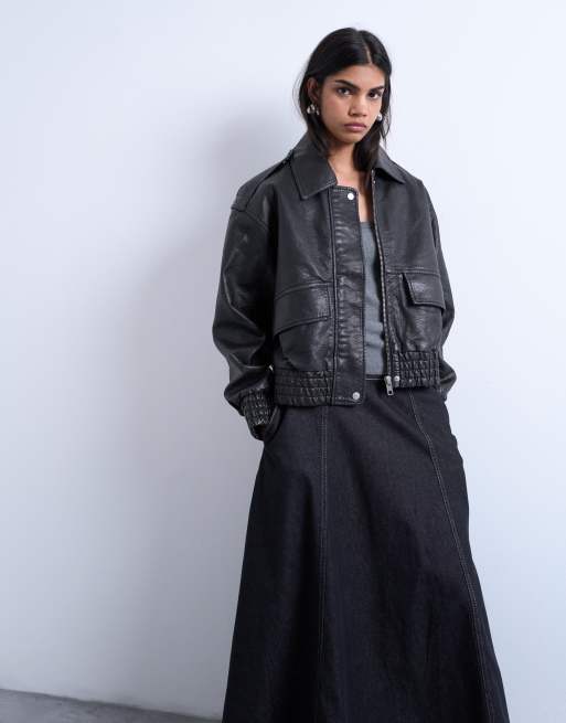 Topshop short bubble faux leather bomber jacket in black
