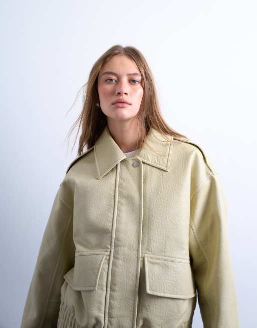 Topshop short bubble faux leather bomber jacket in buttermilk