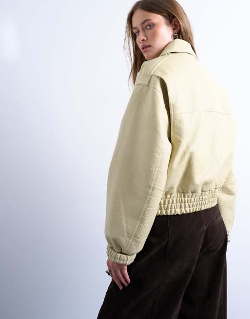 Topshop short bubble faux leather bomber jacket in buttermilk