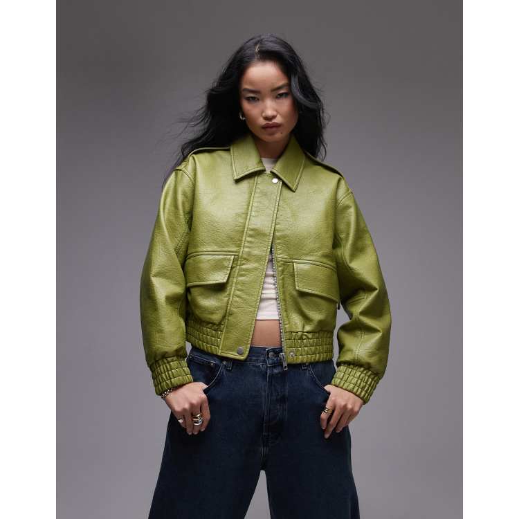 Topshop short bubble faux leather bomber jacket in green | ASOS