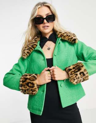 Topshop short coat with faux fur trims in bright green