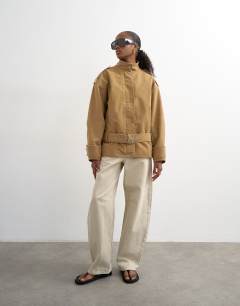 Short cotton belted bomber jacket in tan