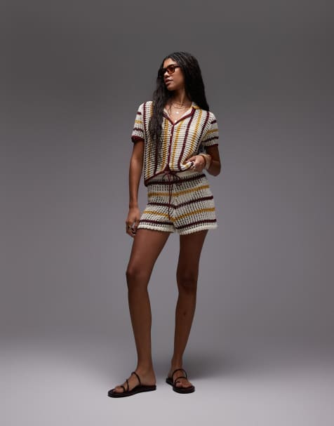 Topshop - Short d'ensemble en maille ajourée à rayures - Rouge, moutarde et crème - view 1