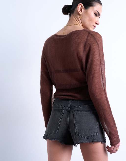Topshop - Short en jean évasé avec déchirures - Noir délavé, 5 de 5