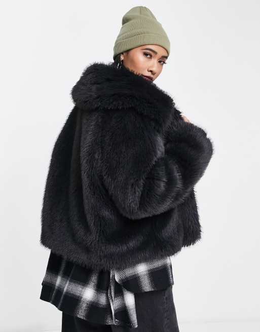 Topshop short fur coat in charcoal