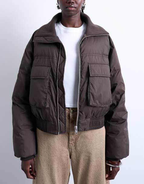 Topshop short rib collar puffer bomber jacket in chocolate - view 1