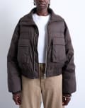 [Topshop] Topshop short rib collar puffer bomber jacket in chocolate-Brown XS chocolate