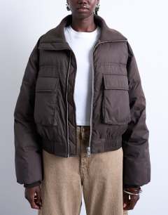 Short rib collar puffer bomber jacket in chocolate