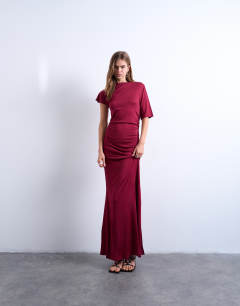 Short sleeve asymmetric slinky maxi dress in red