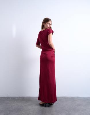 Short sleeve asymmetric slinky maxi dress in red | Topshop