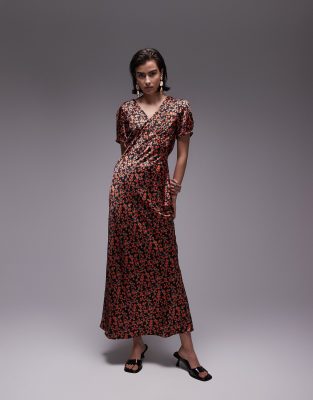 Topshop Short Sleeve Bias Midi Dress In Ditsy Red Floral