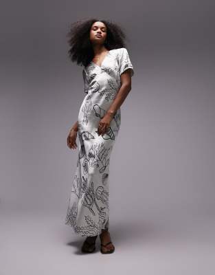 Topshop twisted shoulder sheer skirt midi dress in off-white