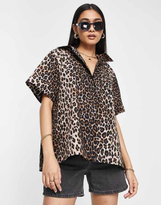 Topshop short sleeve boxy animal print shirt in stone