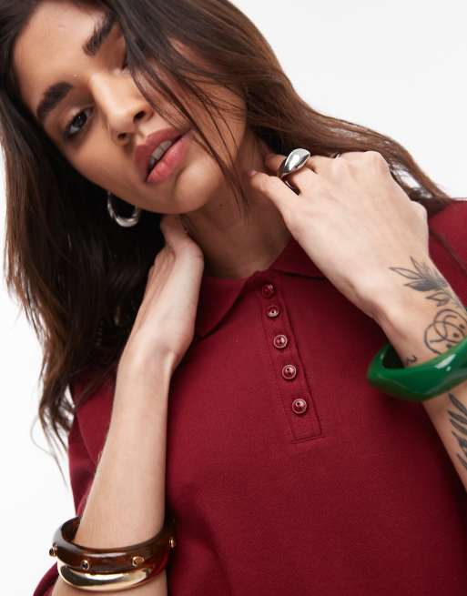 Topshop short sleeve boxy polo in burgundy