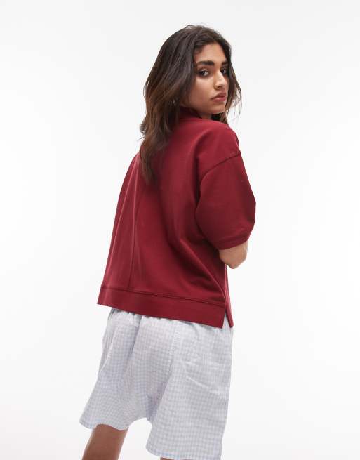 Topshop short sleeve boxy polo in burgundy