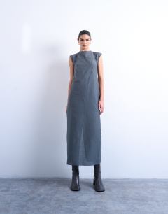 Short sleeve cami layered maxi dress in slate grey