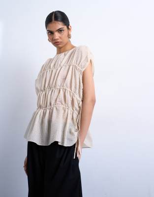 Topshop Short Sleeve Channelled Tie Side Top In White