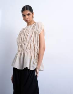 Short sleeve channelled tie side top in ecru