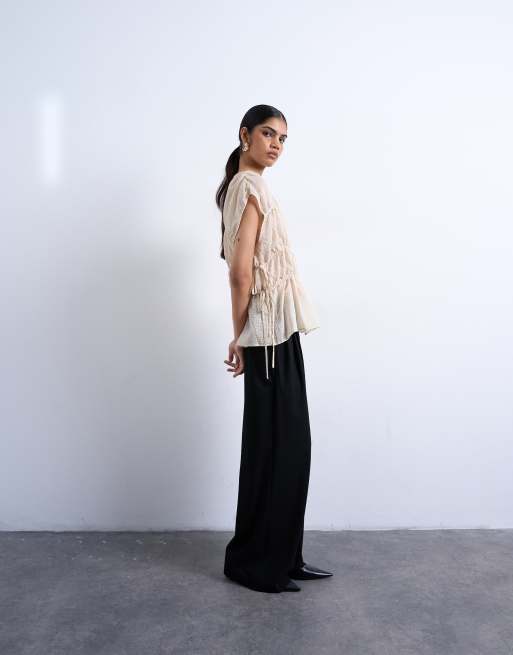 Topshop short sleeve channelled tie side top in ecru, 3 of 4