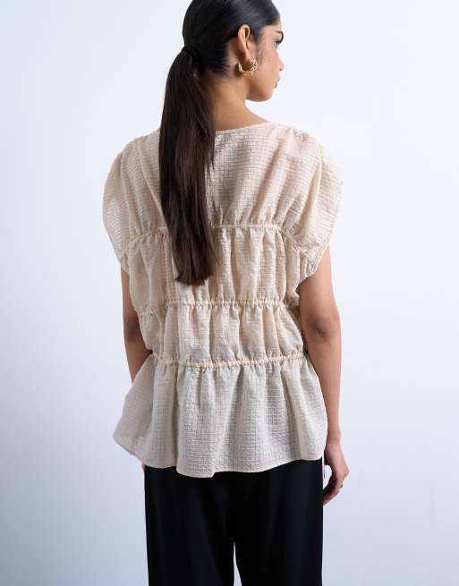 Topshop short sleeve channelled tie side top in ecru, 4 of 4