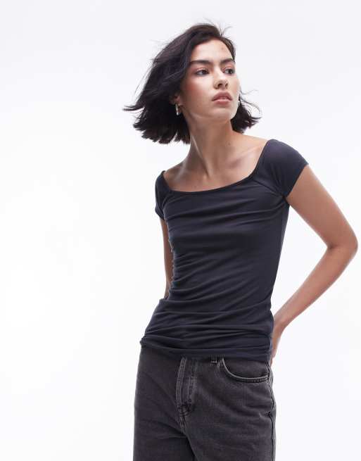 Topshop short sleeve clean bardot top in slate