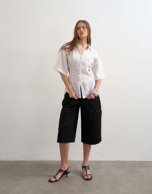 Topshop short sleeve fitted shirt with gathered waist in white, 2 of 4