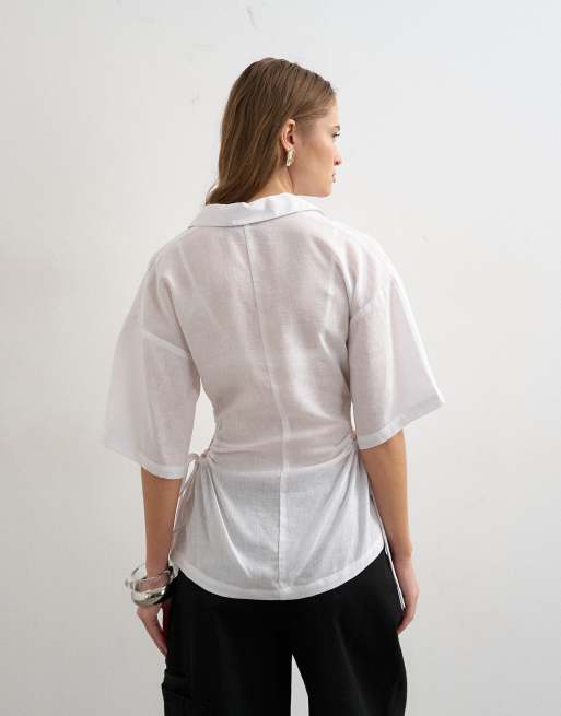 Topshop short sleeve fitted shirt with gathered waist in white, 4 of 4