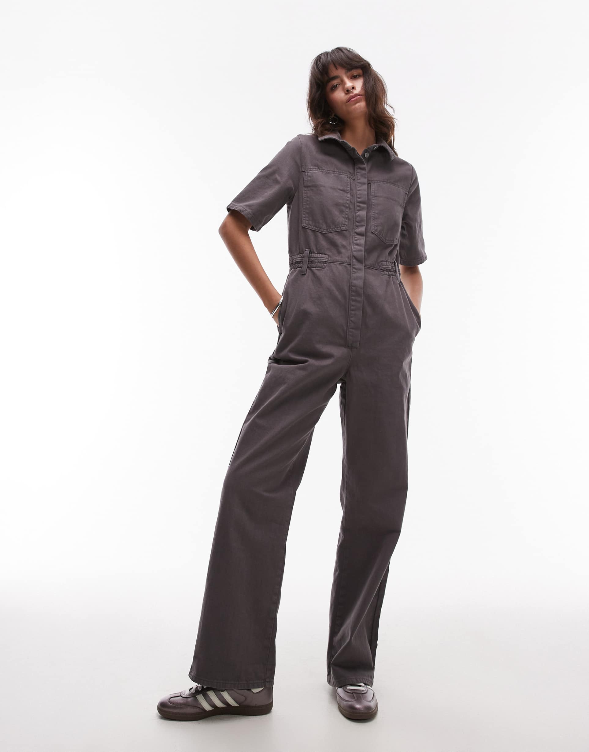 topshop short sleeve jumpsuit in charcoal