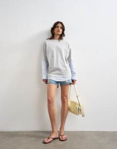 Model wearing Short sleeve layered t-shirt in grey