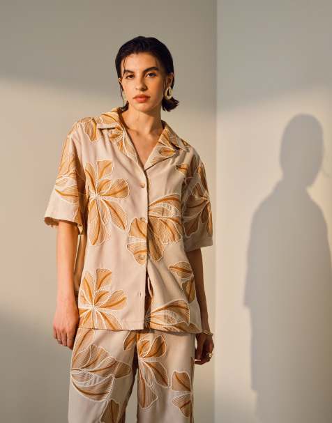 Topshop short sleeve linen shirt in natural - view 1