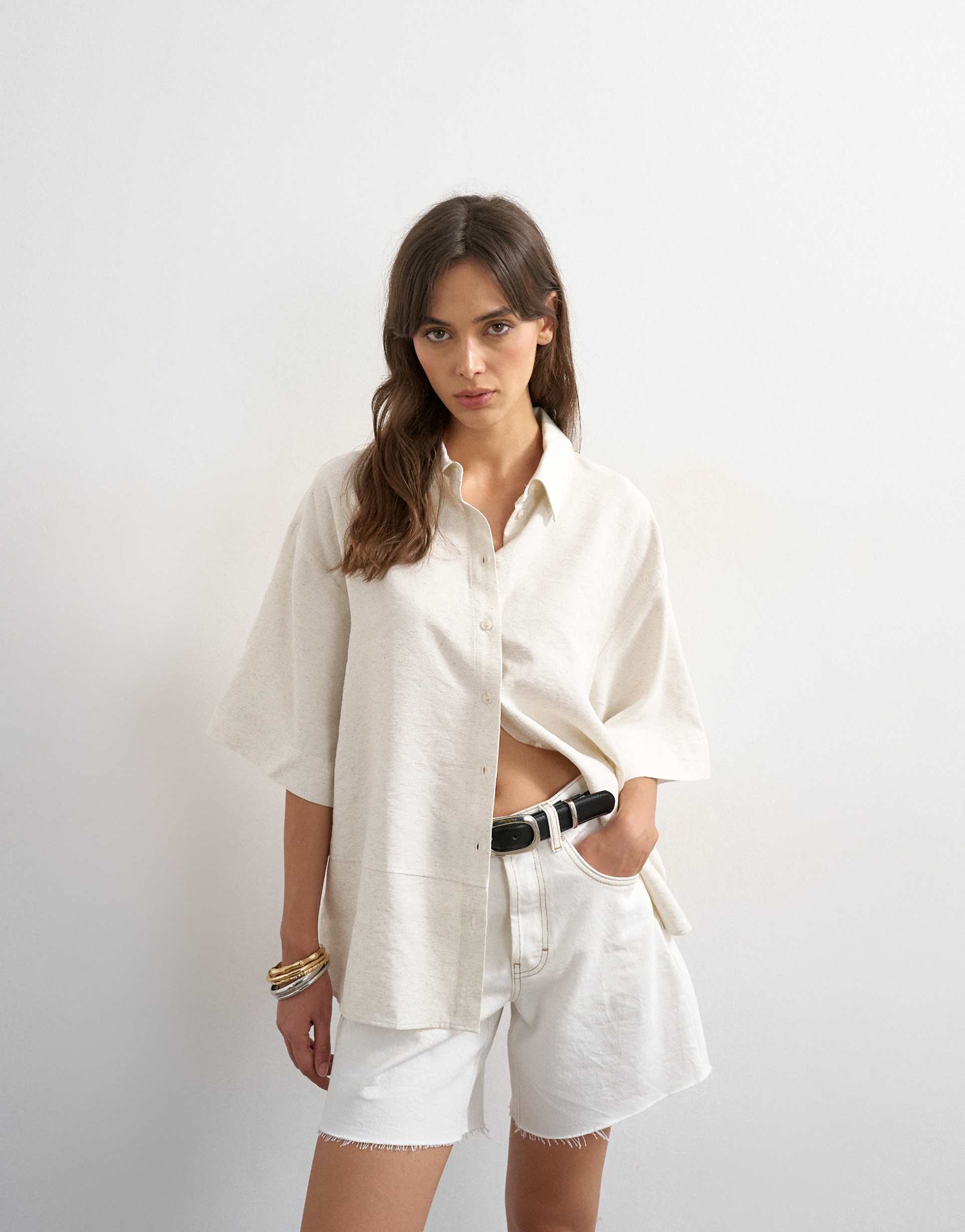 topshop short sleeve linen shirt in natural