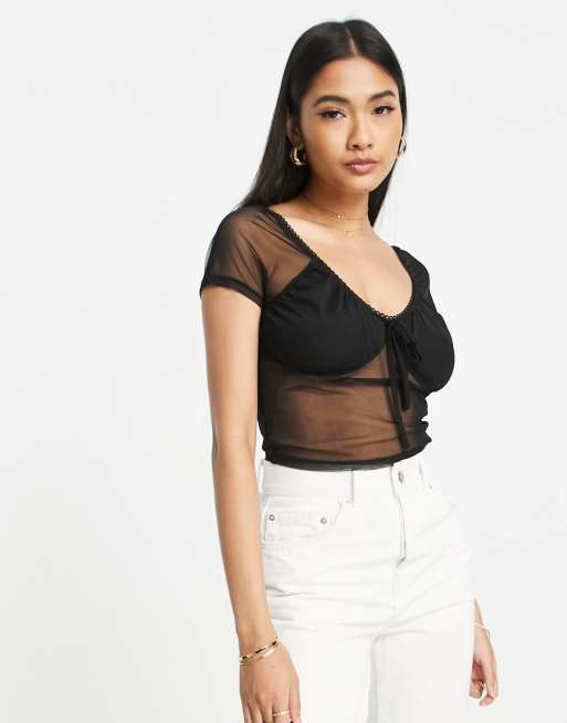 Spot Mesh Sleeve Top in Black - Roman Originals UK