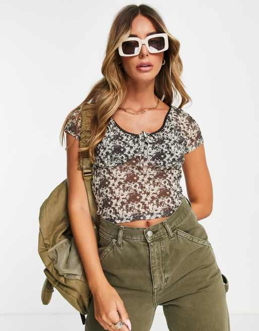 Topshop short sleeve mesh trim top in brown floral print
