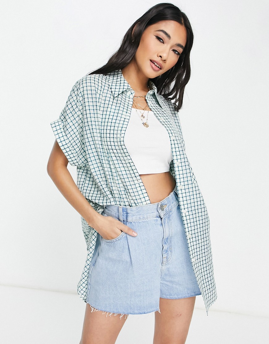 Topshop short sleeve oversized check shirt in teal-Blue