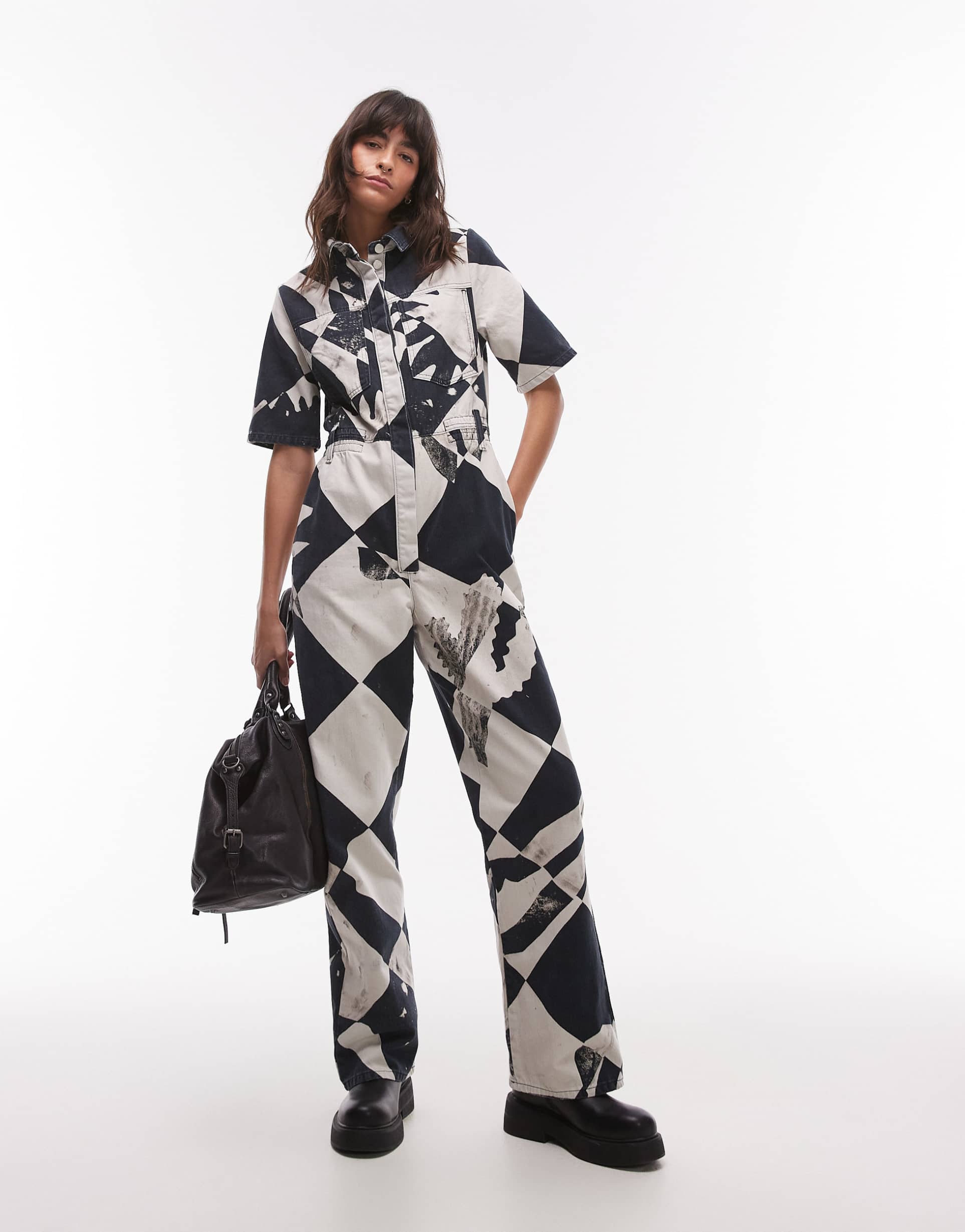 topshop short sleeve printed jumpsuit in multi