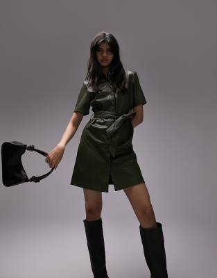 Topshop short sleeve PU belted mini shirt dress in khaki-Green