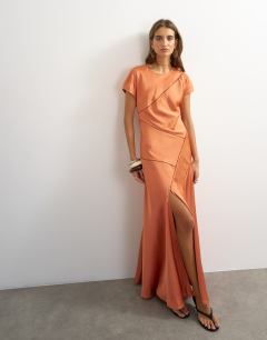 Short sleeve satin panel detail maxi dress in orange