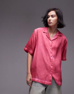 short sleeve satin shirt in pink - part of a set